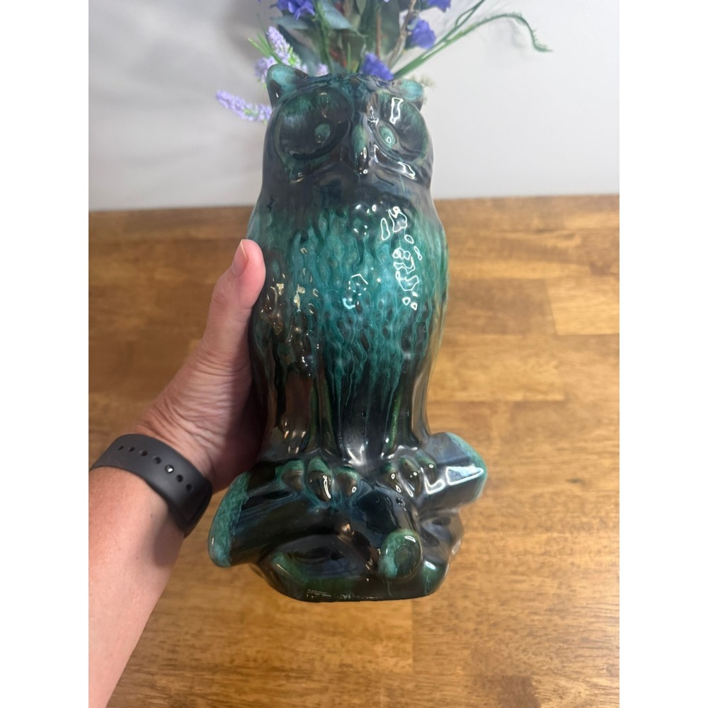 Large Vintage MCM Owl Ceramic Vase Planter Green Black Drip Glaze Pottery - Picture 9 of 10